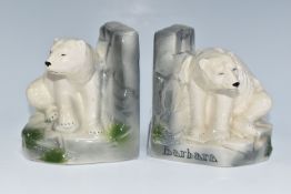 A PAIR OF BRETBY POLAR BEAR BOOK ENDS, based on the early twentieth century London Zoo polar bears