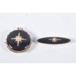 TWO LATE VICTORIAN ONYX AND SPLIT PEARL MEMORIAL BROOCHES, the first of circular outline with