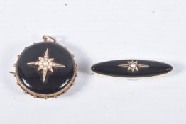 TWO LATE VICTORIAN ONYX AND SPLIT PEARL MEMORIAL BROOCHES, the first of circular outline with