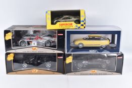 FIVE BOXED DIECAST MODEL VEHICLES, to include a Maisto Supercar collection Mclaren F1 Road car,