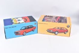 TWO BOXED LIMITED EDITION LAUDORACING 1:18 SCALE MODEL VEHICLES, the first is a Fiat 131 Abarth,