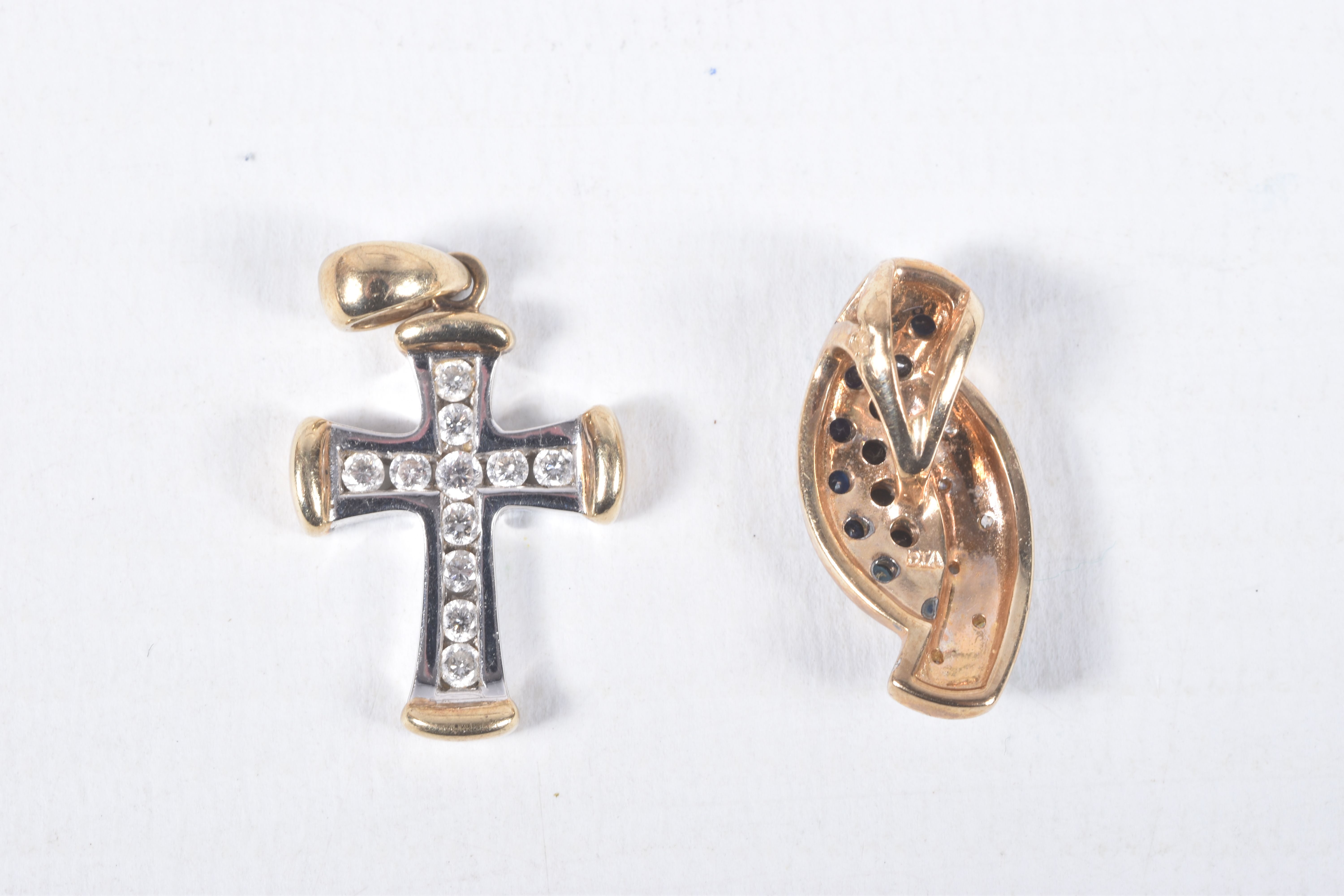 TWO 9CT GOLD GEM SET PENDANTS, the first a bi-colour cross pendant set with colourless diamonds, - Image 2 of 2