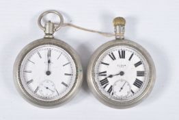 TWO OPEN FACE 'ELGIN' POCKET WATCHES, both manual wind, round white dials with Roman numerals,
