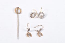 THREE ITEMS OF EARLY TO MID 20TH CENTURY JEWELLERY, to include a horse shoe stickpin, stick believed