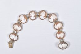 A CAMEO LINE BRACELET, designed as a series of nine oval cameos, each collet set, fitted with an