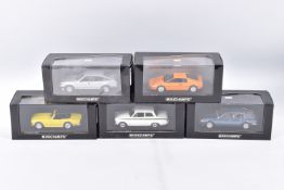 FIVE BOXED MIINICHAMPS 1:43 SCALE METAL MODEL VEHILCES, to include a Triumph TR6 1968 in yellow,