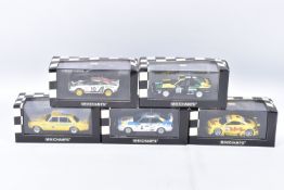 FIVE BOXED MINICHAMPS 1:43 SCALE METAL MODEL VEHICLES, to include an Audi TT-R DTM 2000 Team Abt