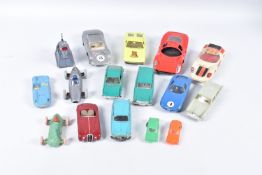 A QUANTITY OF UNBOXED AND ASSORTED VINTAGE PLASTIC CARS, to include examples by Norev, Ingap,