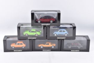 SIX BOXED MINICHAMPS 1:43 SCALE METAL MODEL VEHICLES, to include a Porsche 911 turbo 1977 in