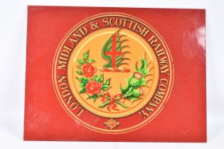 A LONDON MIDLAND & SCOTTISH RAILWAY COMPANY COAT OF ARMS TRANSFER, varnished and mounted on a