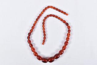 A STRING OF GRADUATED BAKELITE BEADS, graduating light red oval beads, largest measuring 25.4mm x