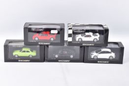 FIVE BOXED MINICHAMPS 1:43 SCALE METAL MODEL VEHICLES , to include a 2009 Ford Focus RS in White,