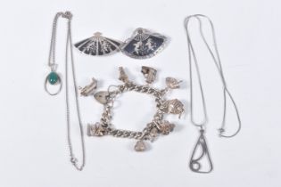 A SMALL BAG OF ASSORTED WHITE METAL JEWELLERY, to include a silver charm bracelet fitted with