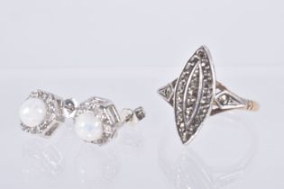 A RING AND A PAIR OF EARRINGS, marquise ring set with marcasite, in a wihte metal mount, leading