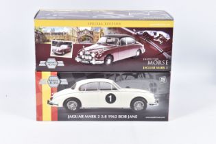 TWO BOXED MODEL ICONS 1:18 SCALE DIECAST VEHICLES, the first is a Jaguar Mark 2 1962 3.8 Bob Jane,