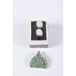 A PAIR OF YELLOW METAL JADE EARRINGS AND A PENDANT, oval jade cabochon earrings, each collet set