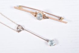 AN EARLY 20TH CENTURY AQUAMARINE BROOCH AND NECKLACE, a bar brooch centrally set with an oval cut