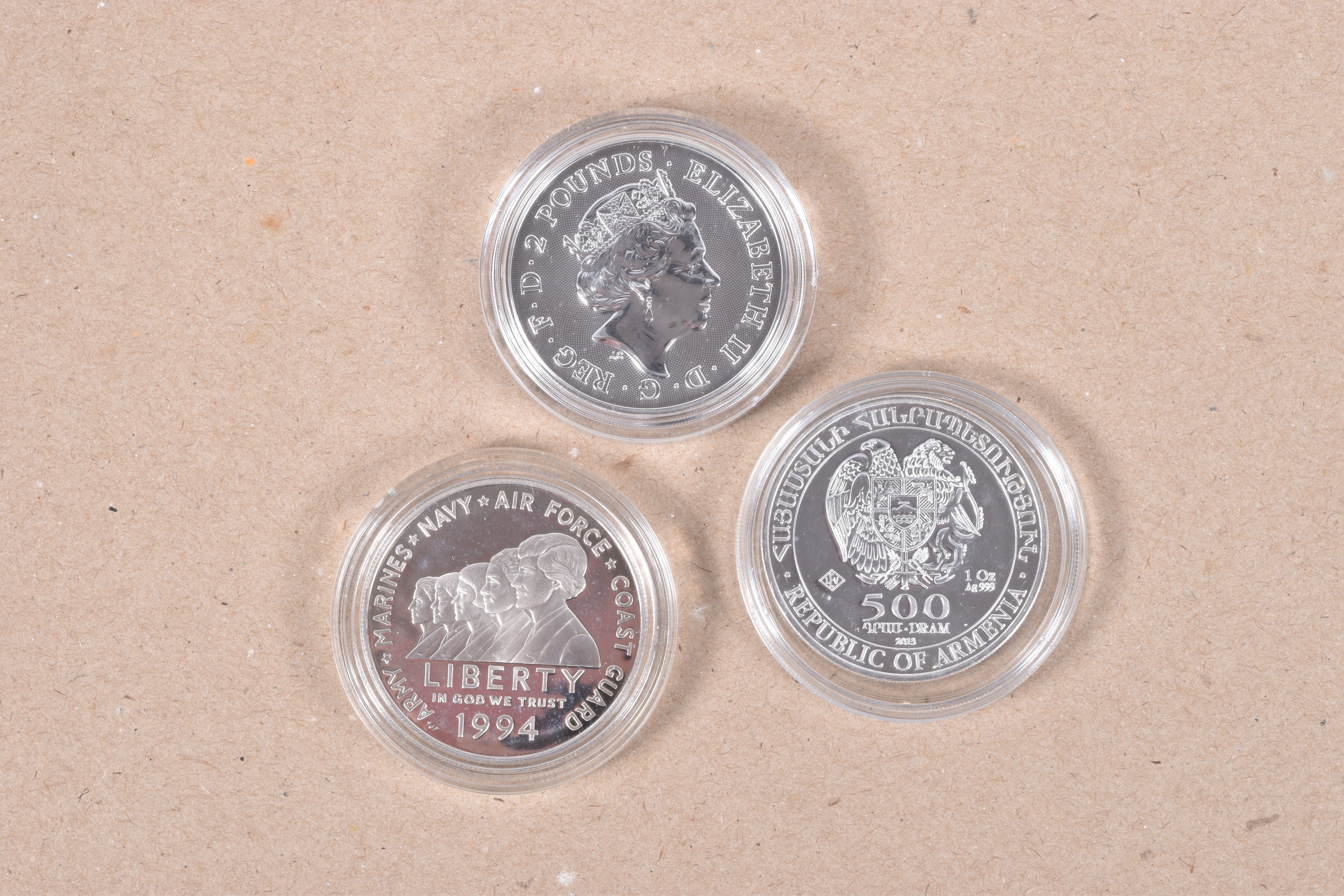 THREE COINS, to include a commemorative 2 pound coin, for year of the rat 2020, a Liberty 1994 one