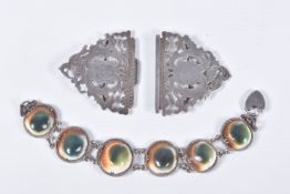 A LATE VICTORIAN SILVER NURSES BELT AND A BRACELET, foliage open work pattern, with vacant