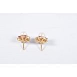 A PAIR OF YELLOW METAL CULTURED PEARL AND GEM SET EARRINGS, each set with a single cultured pearl,