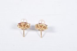 A PAIR OF YELLOW METAL CULTURED PEARL AND GEM SET EARRINGS, each set with a single cultured pearl,