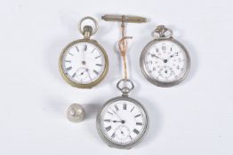THREE OPEN FACE POCKET WATCHES, three white metal open face pocket watches, two with Roman