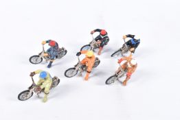SIX UNBOXED BRITAINS SPEEDWAY BIKES AND RIDERS, all with different coloured 'leathers', all appear