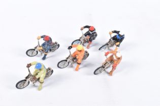 SIX UNBOXED BRITAINS SPEEDWAY BIKES AND RIDERS, all with different coloured 'leathers', all appear