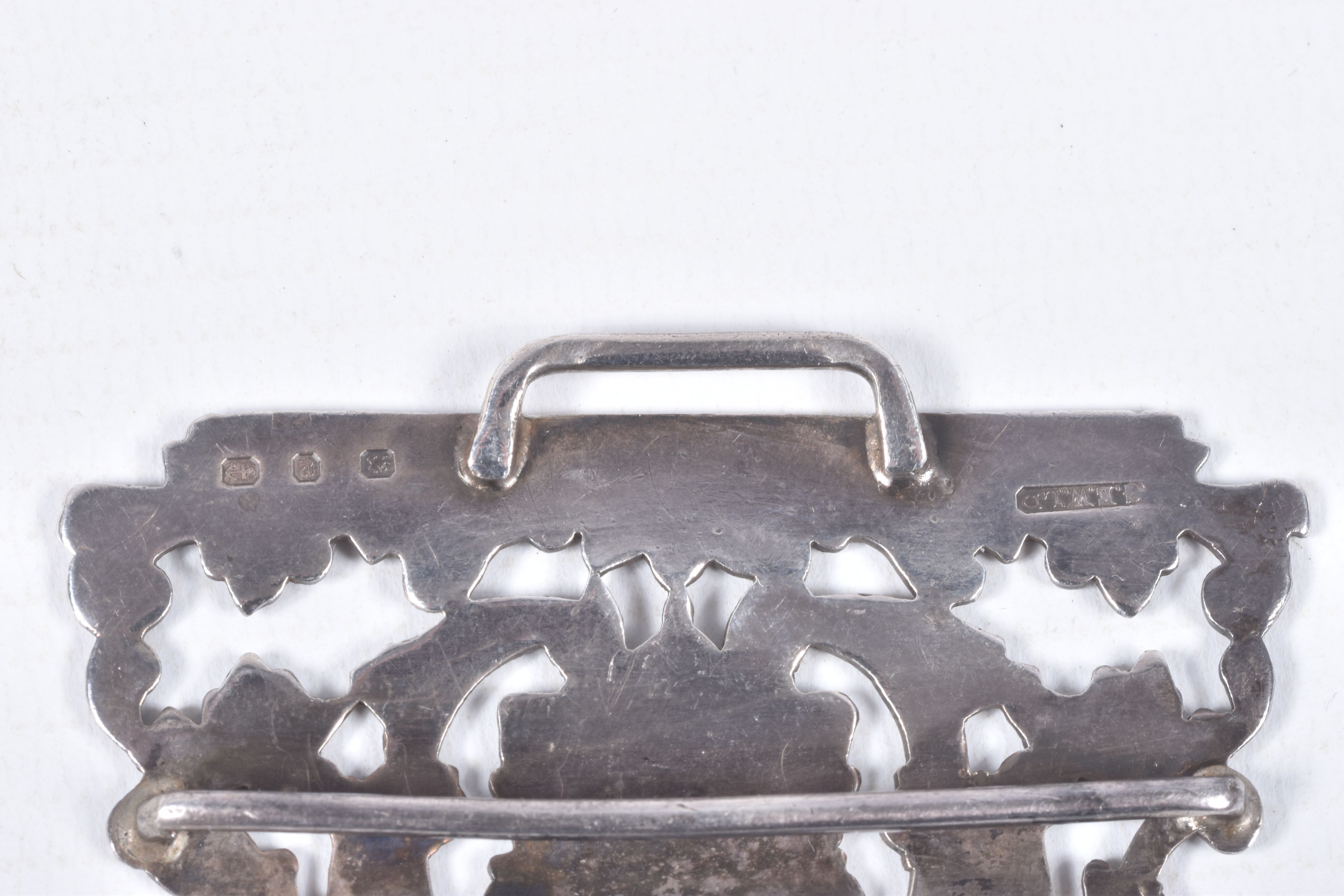 A LATE VICTORIAN SILVER NURSES BELT AND A BRACELET, foliage open work pattern, with vacant - Image 4 of 9