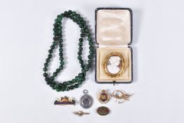 A BAG OF ASSORTED JEWELLERY, to include a boxed yellow metal cameo brooch, centring on a carved