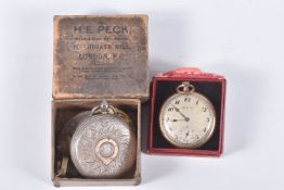 TWO POCKET WATCHES, the first a gold plated, manual wind, open face watch, round silver engine