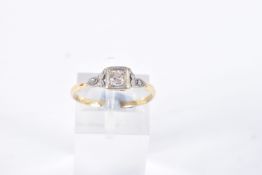 A DIAMOND RING, designed as a round brilliant cut diamond within a square setting with diamond