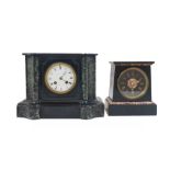 A French black slate and marble mantel clock, late 19th century, with architectural case on shaped