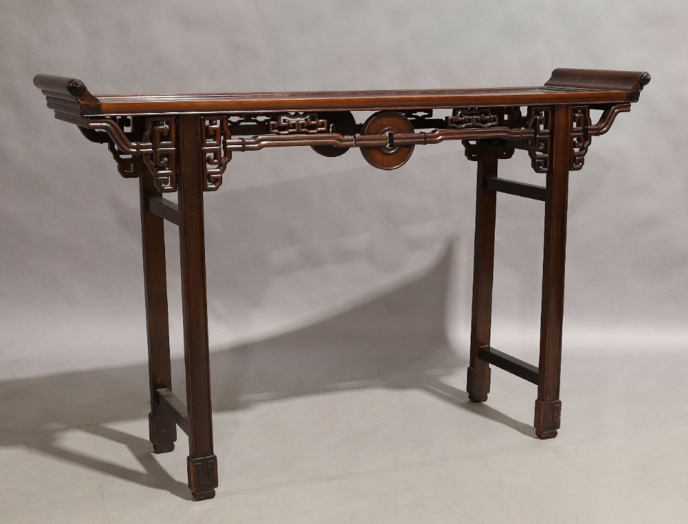 A Chinese hardwood altar table, 20th century, carved and pierced frieze, raised on block supports to - Image 2 of 4