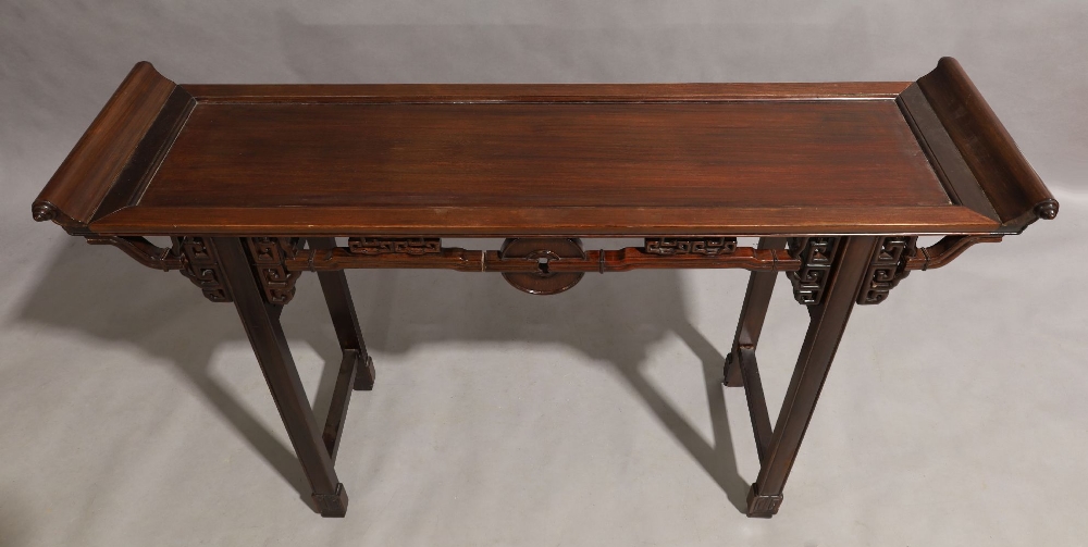 A Chinese hardwood altar table, 20th century, carved and pierced frieze, raised on block supports to - Image 3 of 4