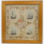 A WWI embroidered and hand-painted silk panel, depicting the destruction of buildings in Arras by