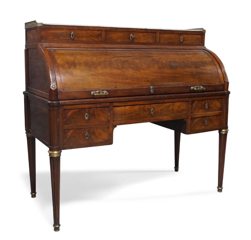 A French brass inlaid mahogany cylinder bureau, 19th century, the brass galleried white marble top - Image 3 of 3