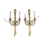 A pair of gilt-bronze twin-light light wall appliques, second half 20th century, each with ribbon-