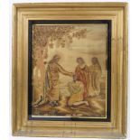 Three framed embroidered silk pictures, early 19th century, comprising: a religious scene with men