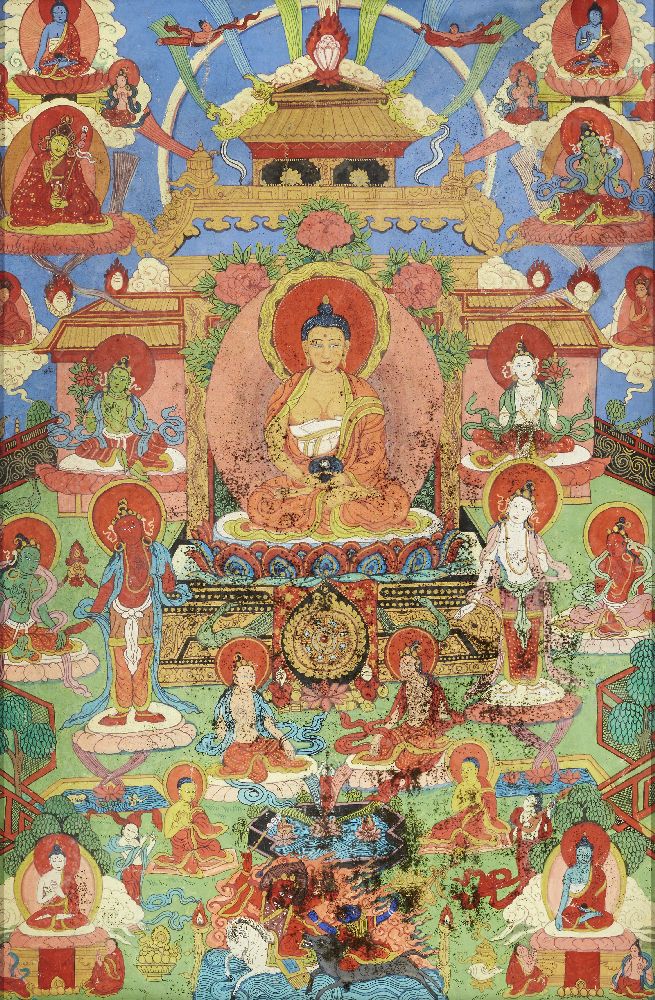 A Tibetan thangka on canvas of Shakyamuni Buddha, 19th century, depicted seated on a lotus base