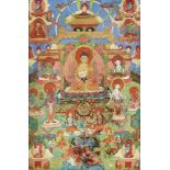 A Tibetan thangka on canvas of Shakyamuni Buddha, 19th century, depicted seated on a lotus base