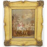 Two framed silk embroidered pictures, 19th century, one depicting The Flight into Egypt, with Joseph