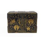 A Japanese brass mounted black lacquer jewellery box and cover, Meiji period, gilt decorated with