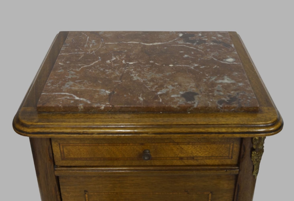 A French Empire style mahogany bedside cabinet, 20th century, marble top above single drawer and - Image 3 of 3