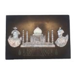 A slate tablet with mother of pearl inlay of the Taj Mahal, 20th century, featuring portraits of the