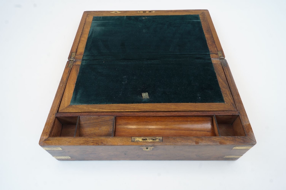 Two Victorian walnut brass bound writing boxes, the larger with inscribed brass shield plaque to the - Image 3 of 3