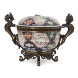 A large Japanese gilt bronze mounted Imari bowl and cover, 18th/19th century, painted in