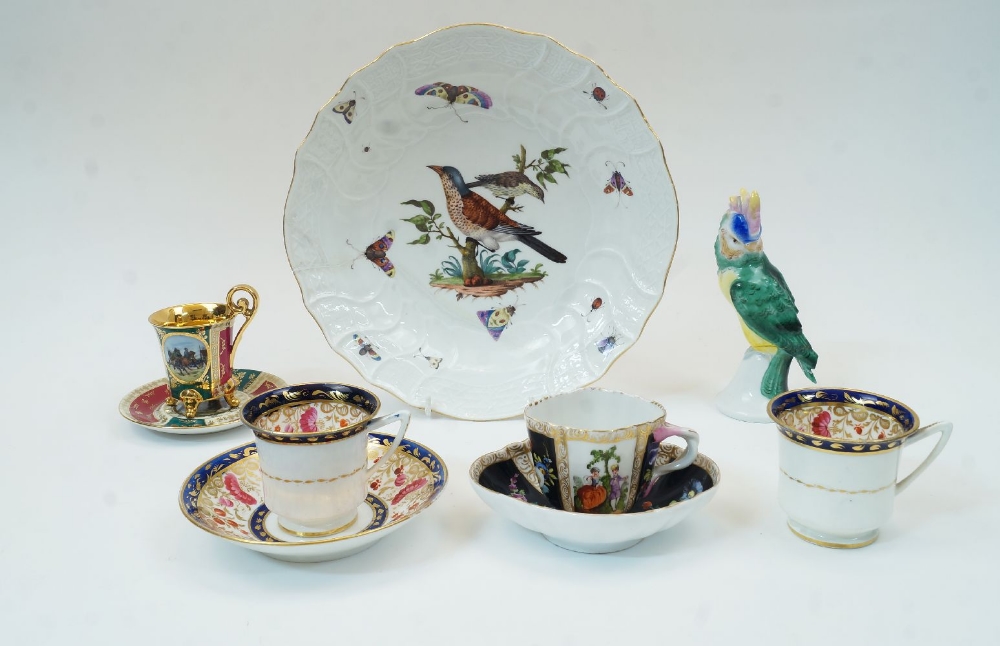 A collection of Continental porcelain, comprising: a Meissen porcelain dish, 19th century, painted