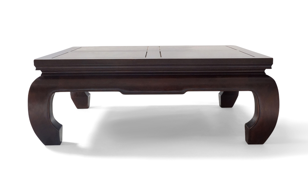 A Chinese hardwood square low table, kang style, 20th century, 40cm high, 107cm wide, 107 cm deep