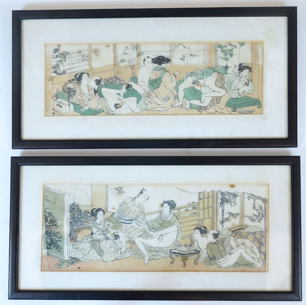 A pair of Japanese 'erotic' woodblock prints, Ukiyo-e, Meiji Era, 19th century, each 10cm x 35cm,